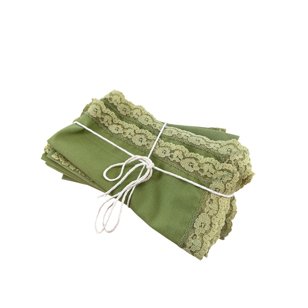 Vintage Avocado Green Cloth Napkins Set of 10 Floral Lace Trim Cottagecore 16x16